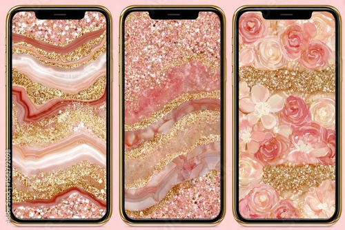 Three phone wallpapers featuring a mix of agate-like patterns and floral designs in a pale pink and gold color scheme