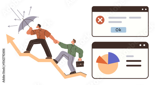 Two individuals navigate upward growth with an umbrella for challenges one holds a briefcase, paired with browser windows showing error messages and data charts. Ideal for leadership, teamwork