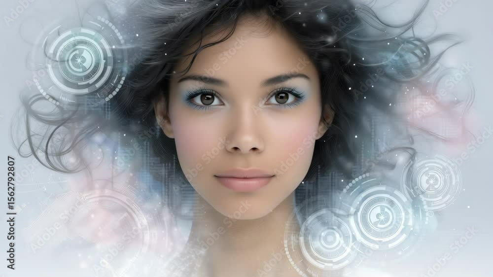 Portrait of a woman with curly hair and a dreamy, digital background. Portrait of a woman with curly hair and a dreamy, digital background.