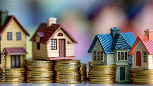 Wallpaper Mural Stacks of coins supporting miniature houses in a creative financial concept, Stacks of coins in front miniature houses, concept for real estate investment or property costs Torontodigital.ca