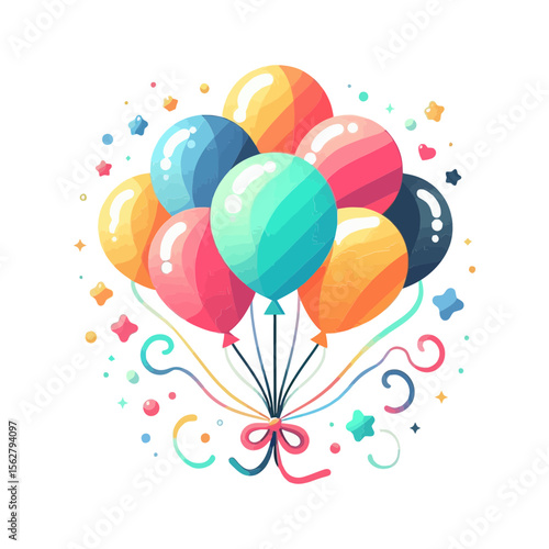A colorful cluster of balloons with ribbons and confetti, perfect for websites or blogs about celebrations, parties, birthdays, or joyful events.

