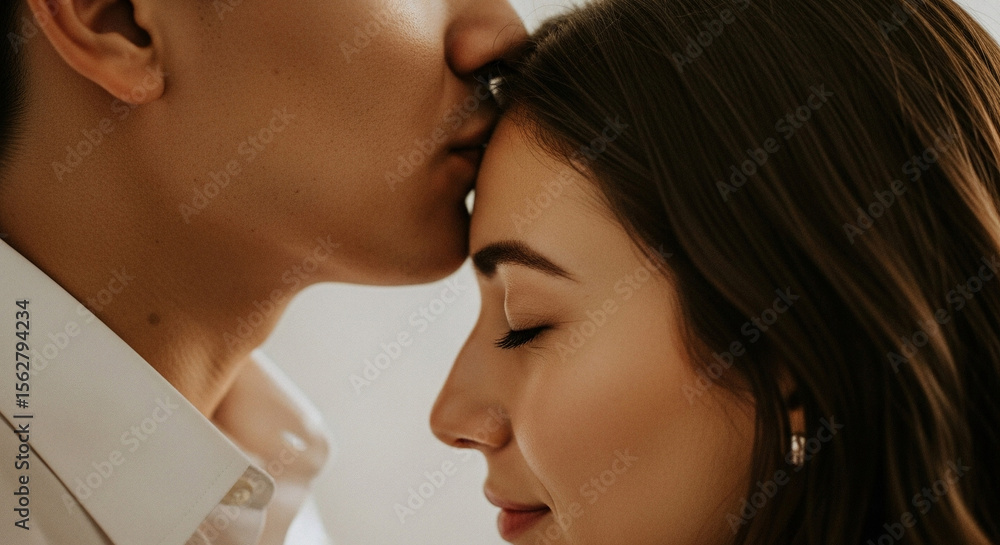 Fototapeta premium Couple in tender moment, kiss on forehead.