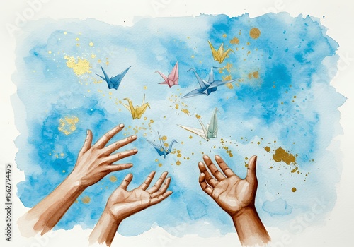 Watercolor Painting of Hands Reaching for Origami Cranes in Blue Sky