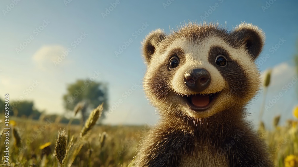 Fototapeta premium Happy Raccoon Meadow Sunset.