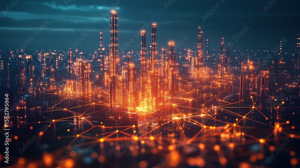 Fototapeta premium A glowing digital industrial network connecting all global factories 