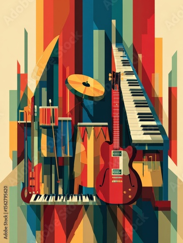 Wallpaper Mural Art Deco-inspired music poster featuring drums, guitar, and piano in vibrant vector art style. Torontodigital.ca
