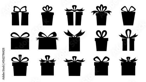  Gift boxes with ribbon icons Set. Gift box flat silhouette set.