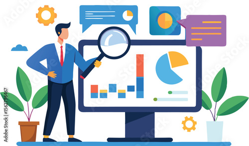 Man in suit analyzing business charts and graphs on a computer screen with a magnifying glass gears and plants isolated on transparent background