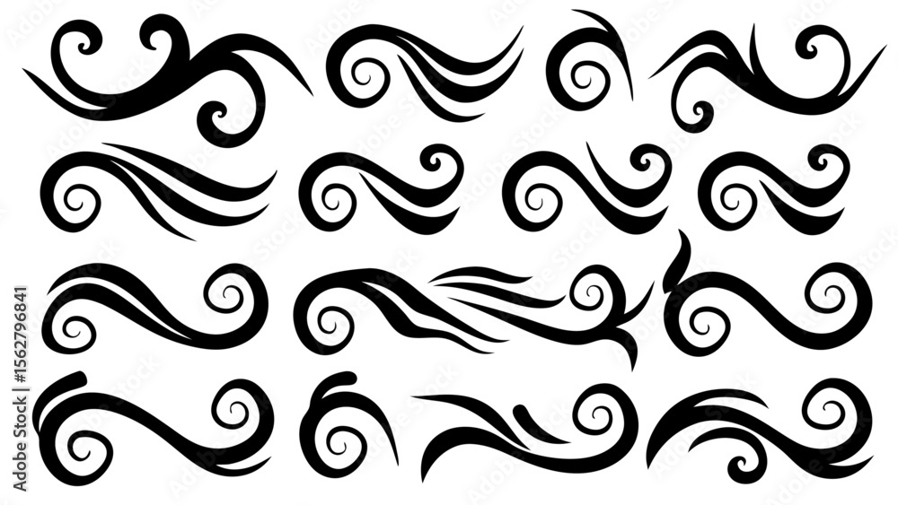Set of Abstract Tribal Swirl and Spiral Design Elements.Black Vector Tattoo Style Collection. Set of Abstract Tribal Swirl and Spiral Design Elements.Black Vector Tattoo Style Collection.