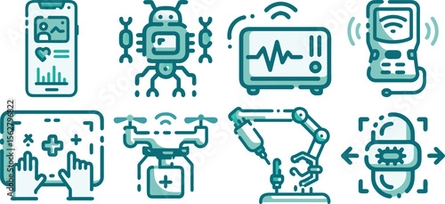 A set of teal technology icons isolated on transparent background, depicting medical devices, robots, and drones, representing innovation in healthcare.