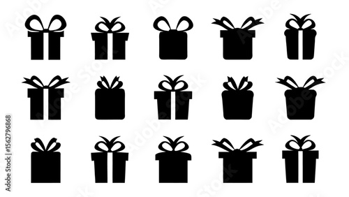  Gift boxes with ribbon icons Set. Gift box flat silhouette set.