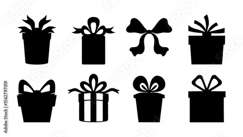  Gift boxes with ribbon icons Set. Gift box flat silhouette set.