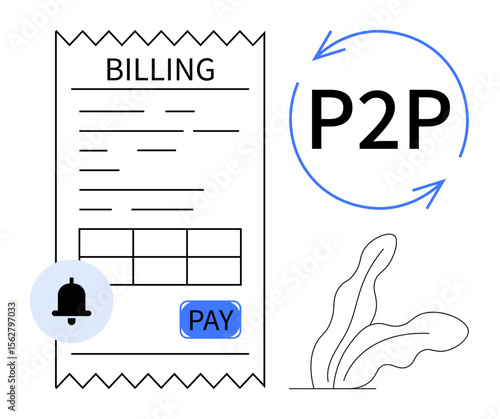 Billing receipt with pay button, notification icon, and P2P arrow symbol. Ideal for payment processing, transaction, finance, notifications, online invoices peer-to-peer modern technology. Clean