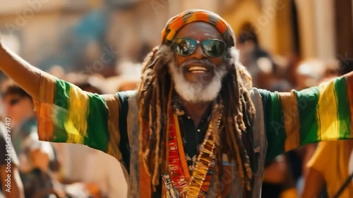 Joyful Rastafarian Man Celebrates with Open Arms in a Crowded Street Scene