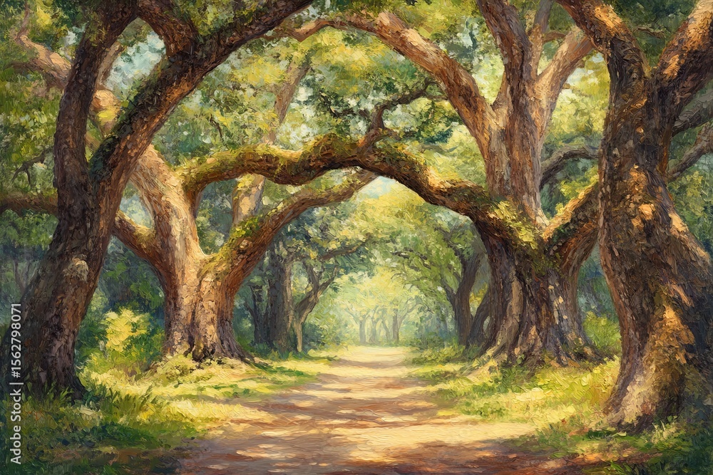 Naklejka premium Sunlight-drenched forest path. Lush canopy