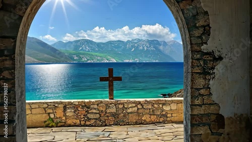 Stunning view from a Greek church with cross overlooking the sea and mountains on a sunny day, Greek church with christian cross Religion and tradition of Greece Aegean sea