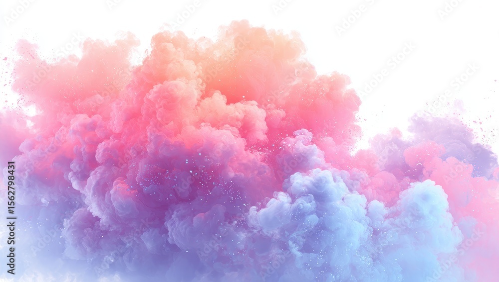 Pastel-colored smoke plume explodes against a white background; soft, diffused light; pink, orange, and blue hues blend seamlessly Pastel-colored smoke plume explodes against a white background; soft, diffused light; pink, orange, and blue hues blend seamlessly