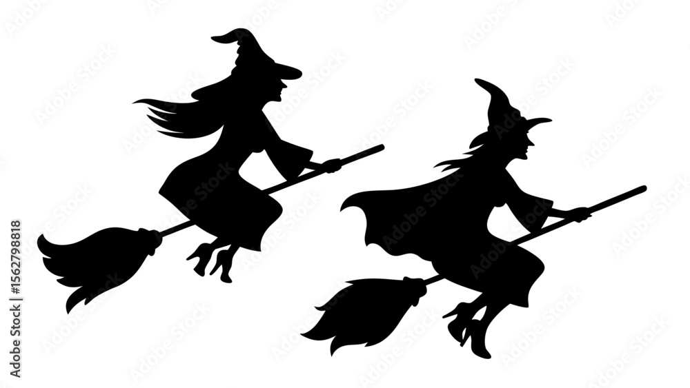 Fototapeta premium Set Of Flying Witch Silhouettes on Broomsticks