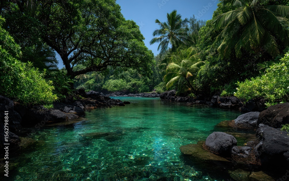 Lush tropical cove, crystal-clear water Lush tropical cove, crystal-clear water