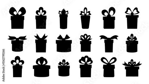  Gift boxes with ribbon icons Set. Gift box flat silhouette set.