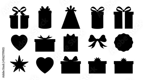  Gift boxes with ribbon icons Set. Gift box flat silhouette set.