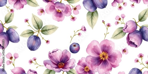 Delicate watercolor purple & plum floral pattern on white, rustic vintage style, whimsical, design