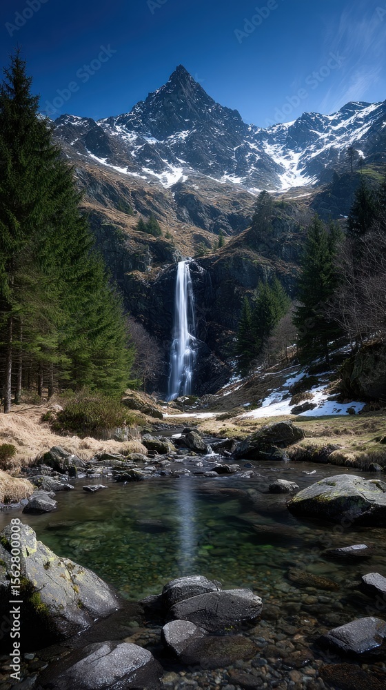 Obraz premium Mountain waterfall reflecting in tranquil pool