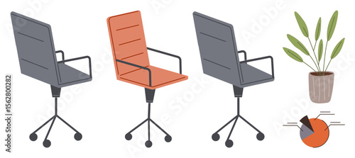 Three wheeled office chairs in gray and red, potted plant, pie chart sections. Ideal for workplace, teamwork, productivity, meeting, planning job vacancy corporate culture. Simple flat metaphor