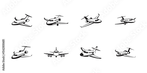 Black vector silhouette icons of private jets, aircraft and airplanes set, aviation and flight design symbols, luxury business air transport collection


