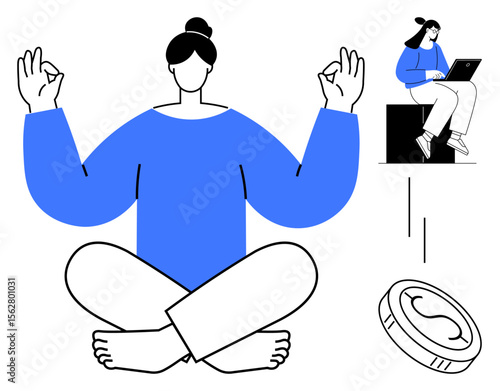 Woman meditating in a yoga pose, another woman working on a laptop, and a coin representing financial focus. Ideal for mindfulness, stress relief, balance, productivity, finance, wellness simple