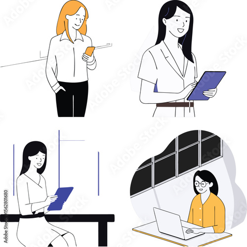 Businesspeople and medical professionals collaborate in a modern office, utilizing laptops and computers at their desks