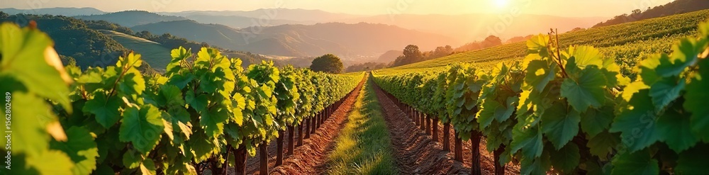 Naklejka premium Sun-Drenched Vineyard Ripe Grapes Ready for Harvest on a Lush Hillside