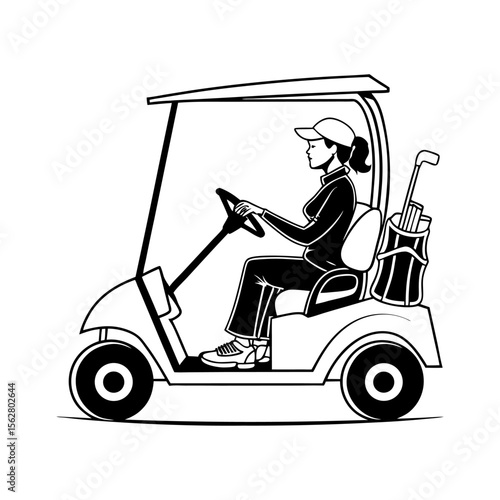 Stylized black and white illustration of a woman wearing a cap driving a golf cart with clubs in the back