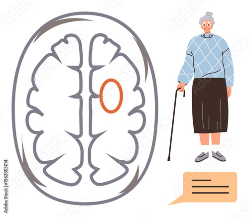 Elderly woman holding cane next to brain diagram with marked region, speech bubble for dialogue or cognition. Ideal for neurology, healthcare, elder care, Alzheimer s awareness, medical research