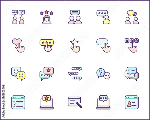 Review And feedback Icon Set. Vector collection of customer, rating, star rating, chat, testimonials, survey, support, communication, sign and element symbols or logo element.