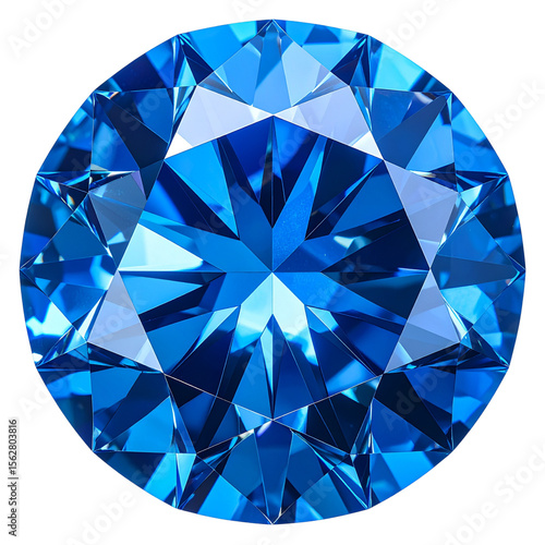 Brilliant-cut blue diamond with radiant reflections, front view, isolated on transparent background PNG