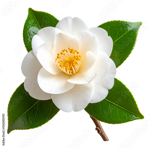  White camellia flower with green leaves and slender stem, side angle, isolated on transparent background PNG
