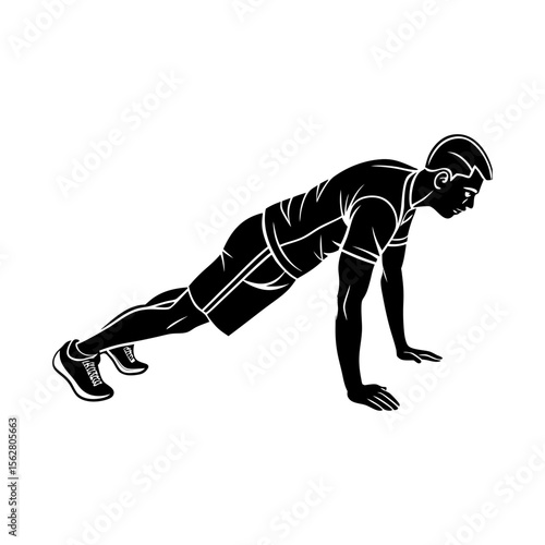 Athletic man performing a push up exercise in a black and white silhouette style on a white background