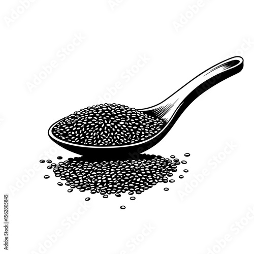 Chia seeds in spoon with scattered seeds on white background  