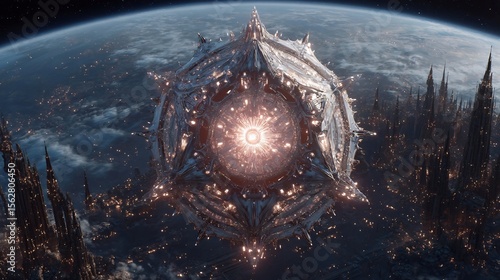 Cosmic Arrival: A Gigantic Spaceship Hovering Over a Futuristic Cityscape