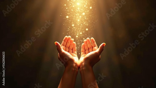 Hope and spiritual light shining down on open human hands with glowing golden particles against dark background