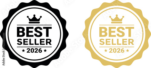 Best seller 2026 award badges in elegant black and gold vector illustration