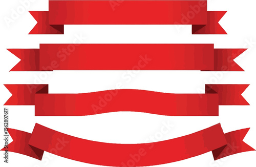 Four red ribbons in different shapes and styles on a white background plain