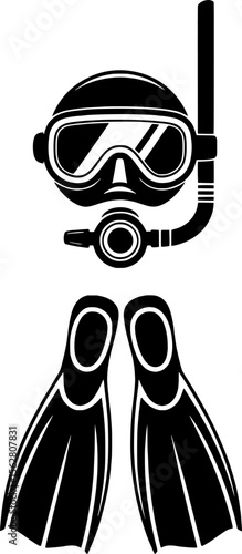 Bold black silhouette of snorkeling gear with mask and flippers, perfect for summer adventure designs