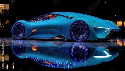 Futuristic electric car showcased at a tech event, illuminated with vibrant lights and reflections