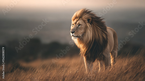 A majestic lion standing tall on a grassy hilltop during golden hour, cinematic lighting, shallow depth of field, blurred background of savanna landscape, camera focus on the lion’s intense gaze, real