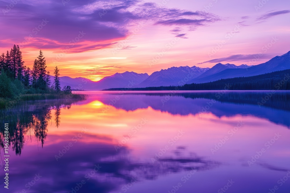 Fototapeta premium Serene sunrise over a still lake, reflected in vibrant hues of purple and pink. Misty mountains in the distance