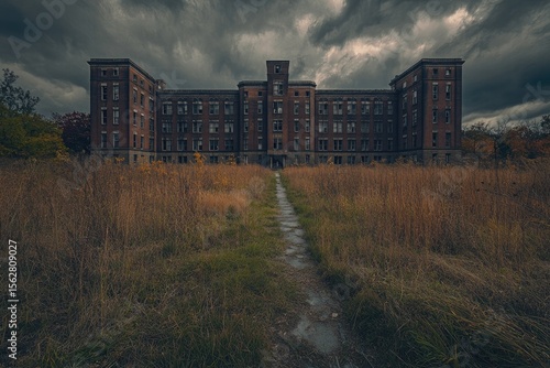 Abandoned hospital facade in overgrown field under a stormy sky
