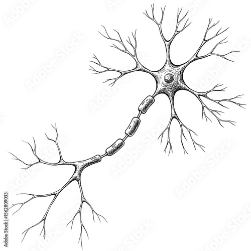 Neuron with axon and dendrites in detailed sketch illustration  