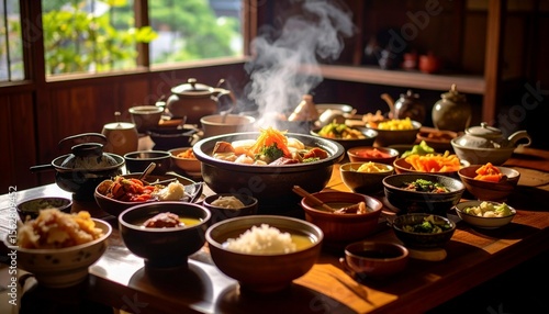 温かい湯気が立ち上る伝統的な日本料理の食卓風景、木製の器に盛られた色とりどりの和食メニュー